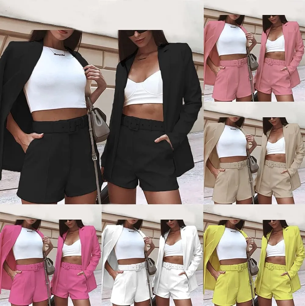 NRTHYE Women 2 Piece Outfits Long Sleeve Blazer & Short Suits Casual Tops & Bottoms Set