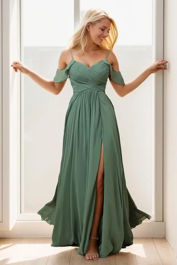 Off The Shoulder Bridesmaid Dresses with Slit V Neck Pleated Chiffon Formal Dresses Long Wedding Guest Dress