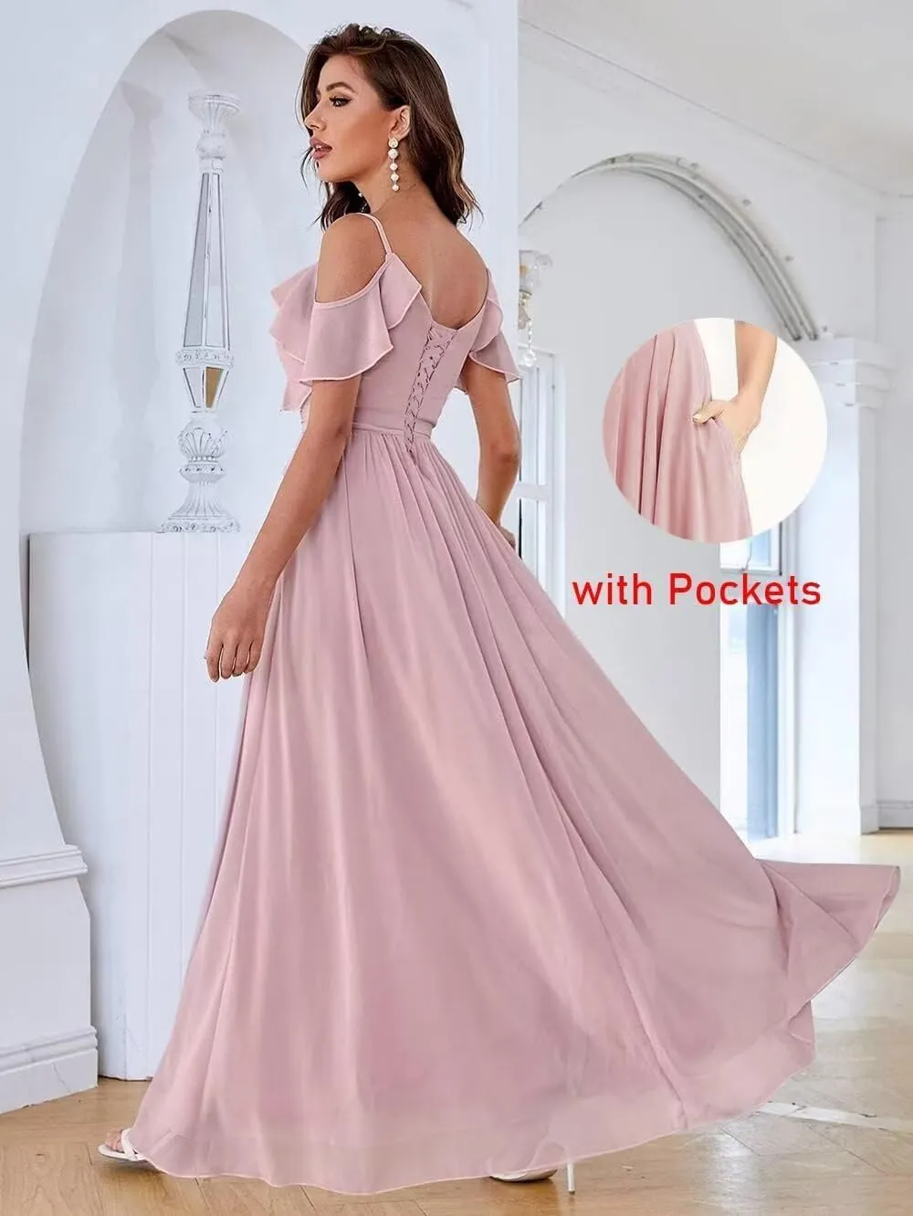 Off The Shoulder Bridesmaid Dresses with Slit V Neck Pleated Chiffon Formal Dresses Long Wedding Guest Dress