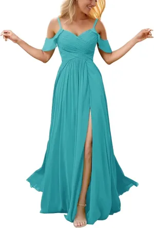 Off The Shoulder Bridesmaid Dresses with Slit V Neck Pleated Chiffon Formal Dresses Long Wedding Guest Dress