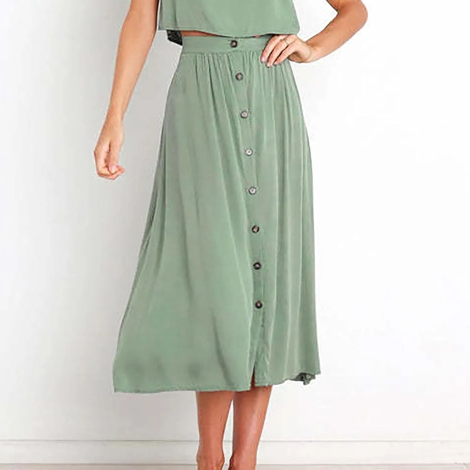 Office Work Long Skirt for Women Casual High Waist Pleated Button Midi Skirt Fashion A-Line Business Maxi Skirts