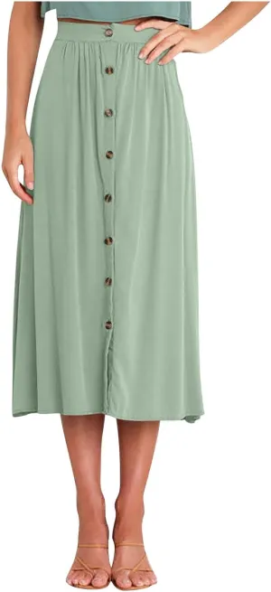 Office Work Long Skirt for Women Casual High Waist Pleated Button Midi Skirt Fashion A-Line Business Maxi Skirts