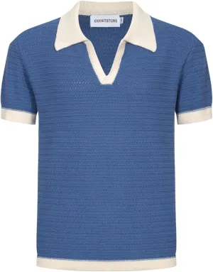 OXKNIT Mens Knit Polo Shirts Vintage Short Sleeve Golf Shirts Textured Retro Poloshirt White V-Neck