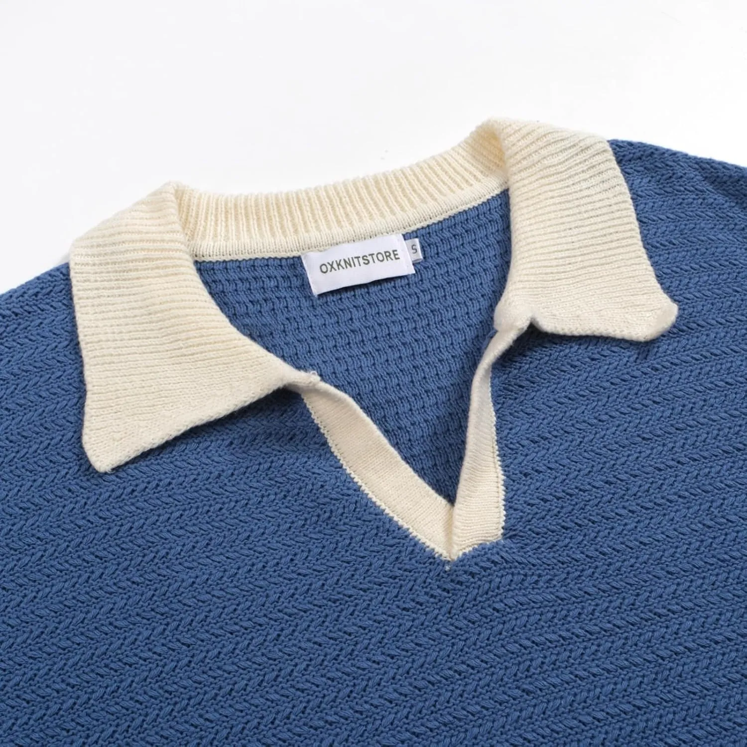 OXKNIT Mens Knit Polo Shirts Vintage Short Sleeve Golf Shirts Textured Retro Poloshirt White V-Neck
