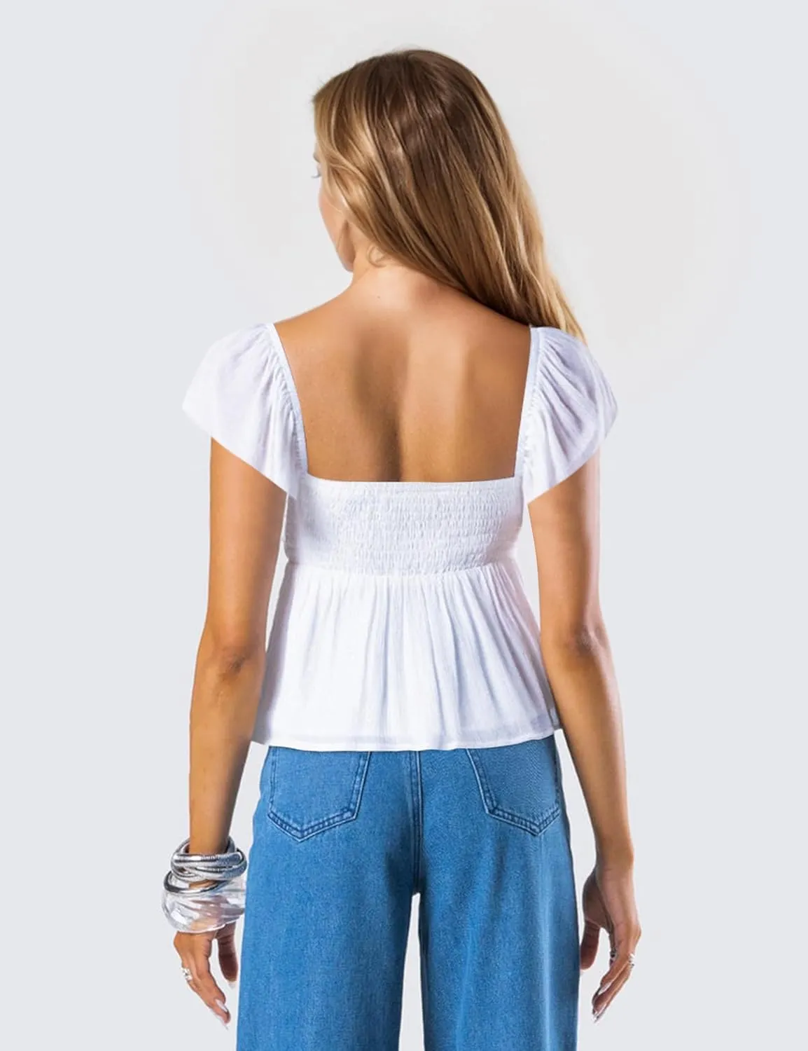 Peplum Tank Tops for Women Flutter Ruffle Short Sleeve Sweetheart Neck Cute Flowy Smocked Back Babydoll Tank Tops