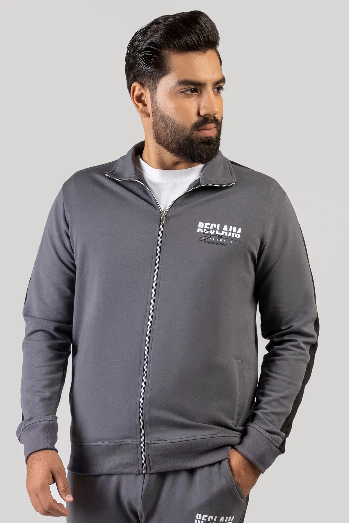 Pewter Grey Panelled Zipper Jacket (Plus Size) - W23 - MJ0011P
