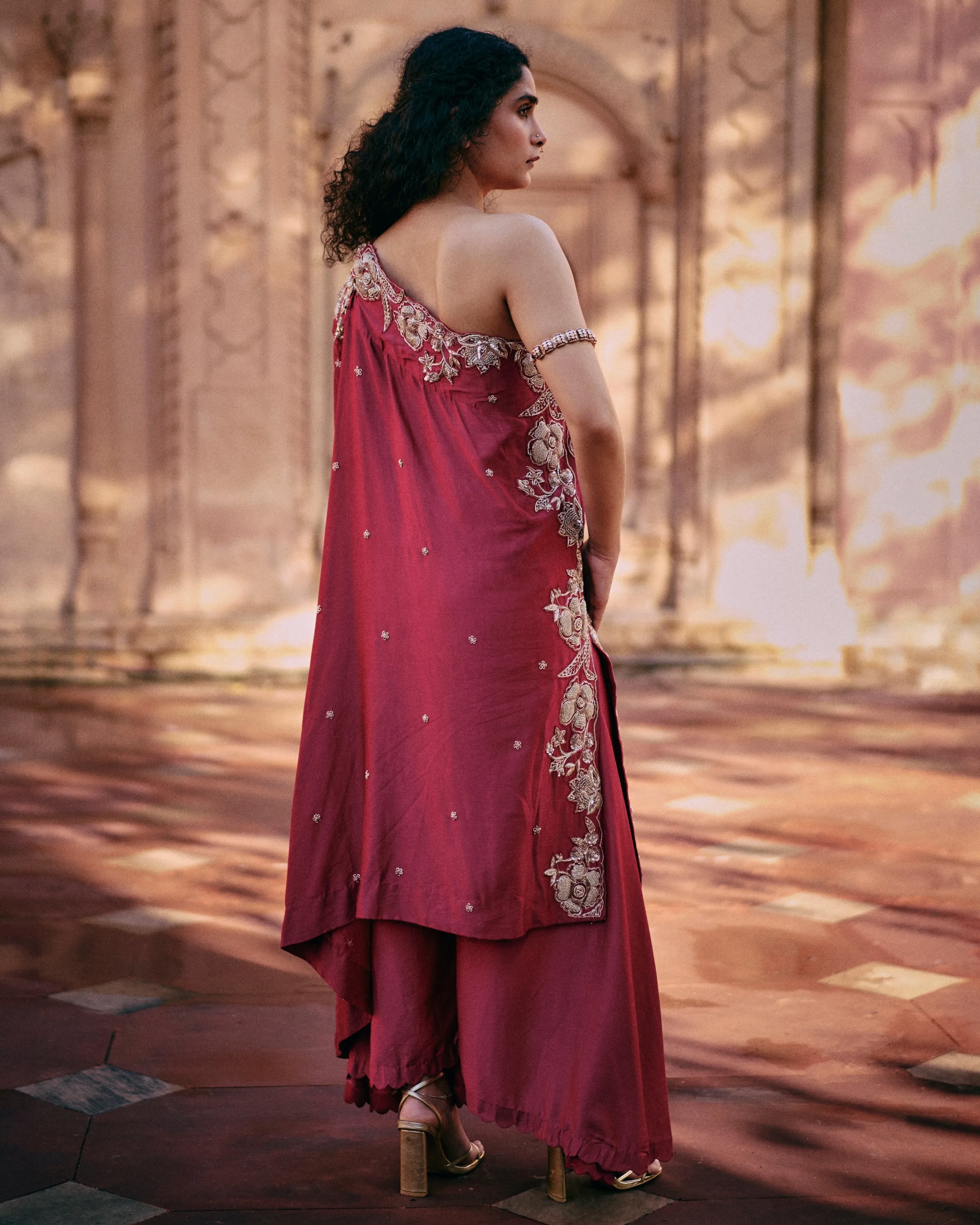Pink One Shoulder Kurta With Asymmetrical Palazzo set