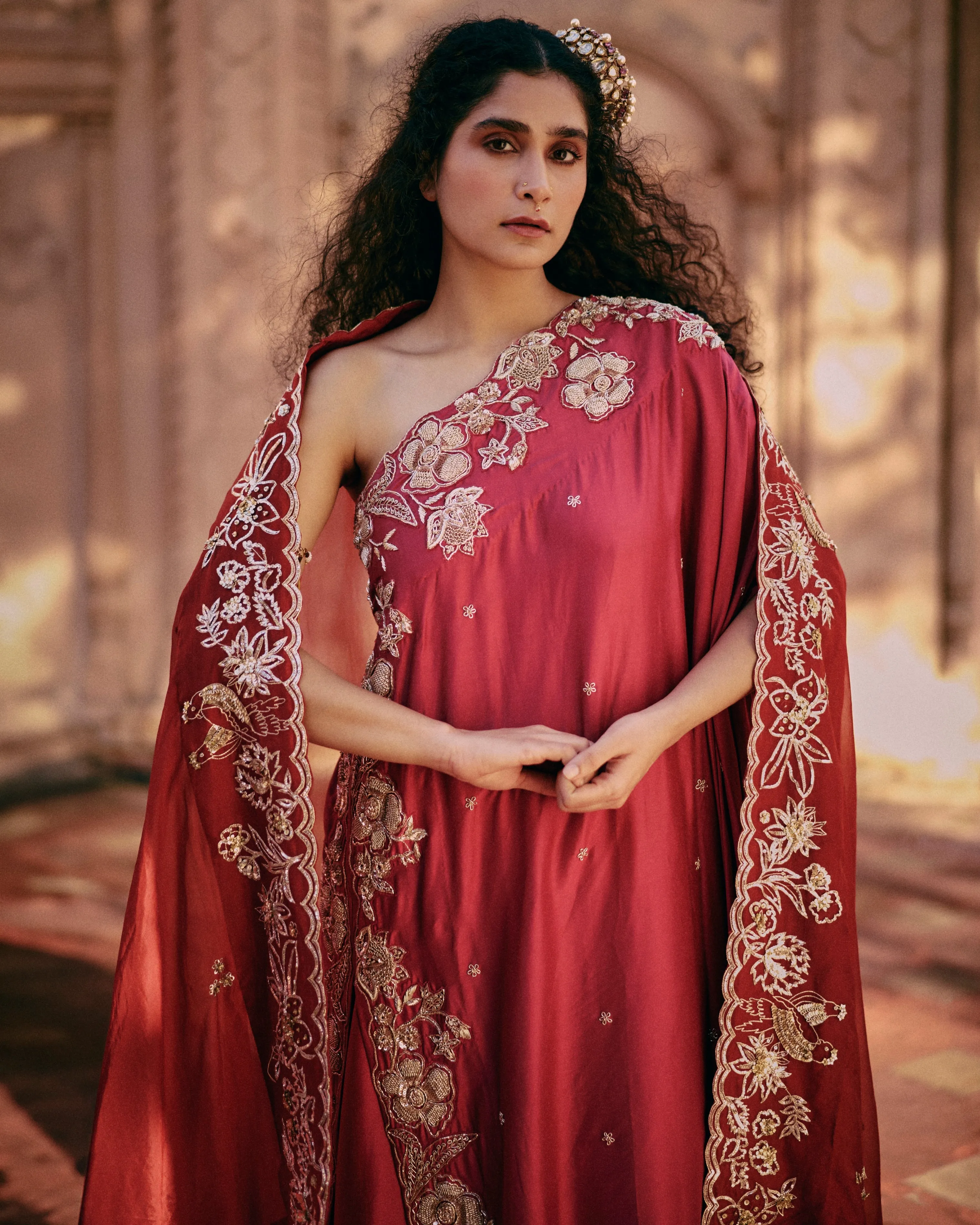 Pink One Shoulder Kurta With Asymmetrical Palazzo set