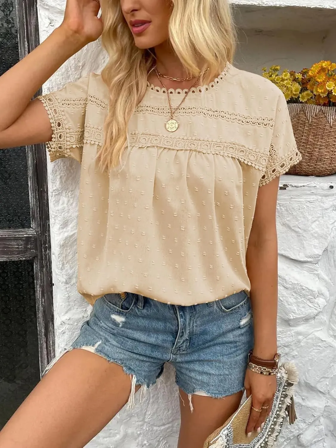 Poetsky Womens Summer Short Sleeve Lace Crochet Blouses Flowy Babydoll Dressy Casual Work Tops