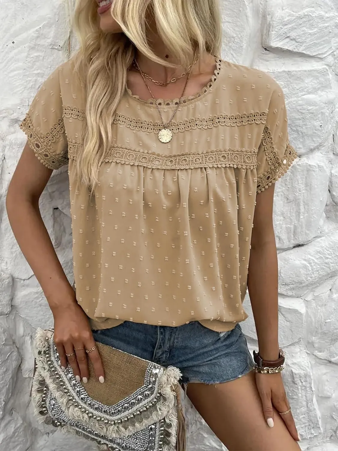 Poetsky Womens Summer Short Sleeve Lace Crochet Blouses Flowy Babydoll Dressy Casual Work Tops