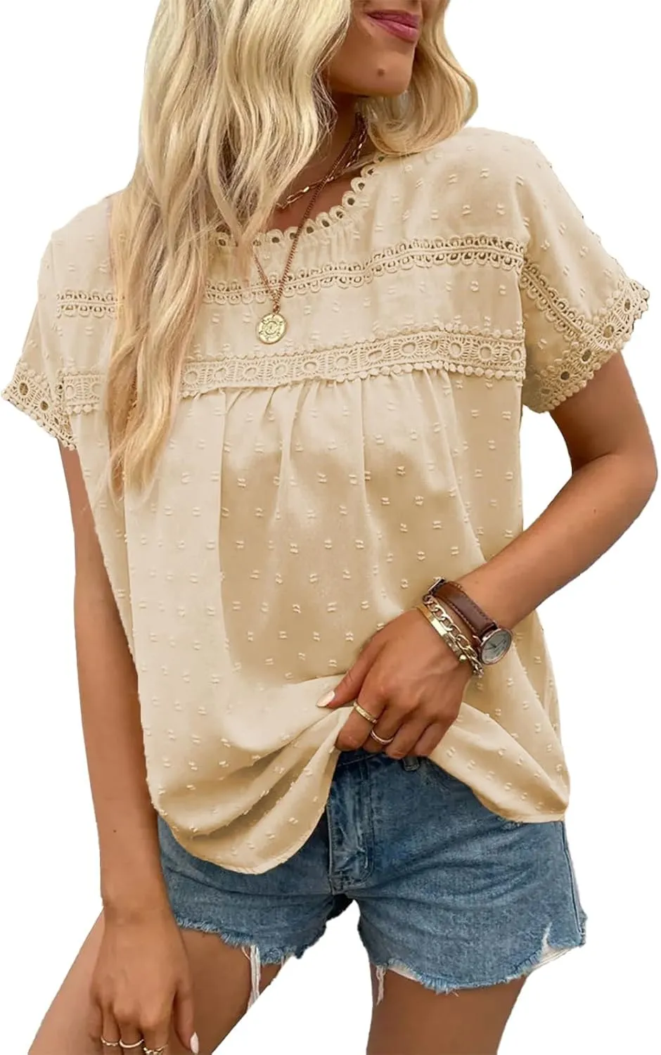 Poetsky Womens Summer Short Sleeve Lace Crochet Blouses Flowy Babydoll Dressy Casual Work Tops