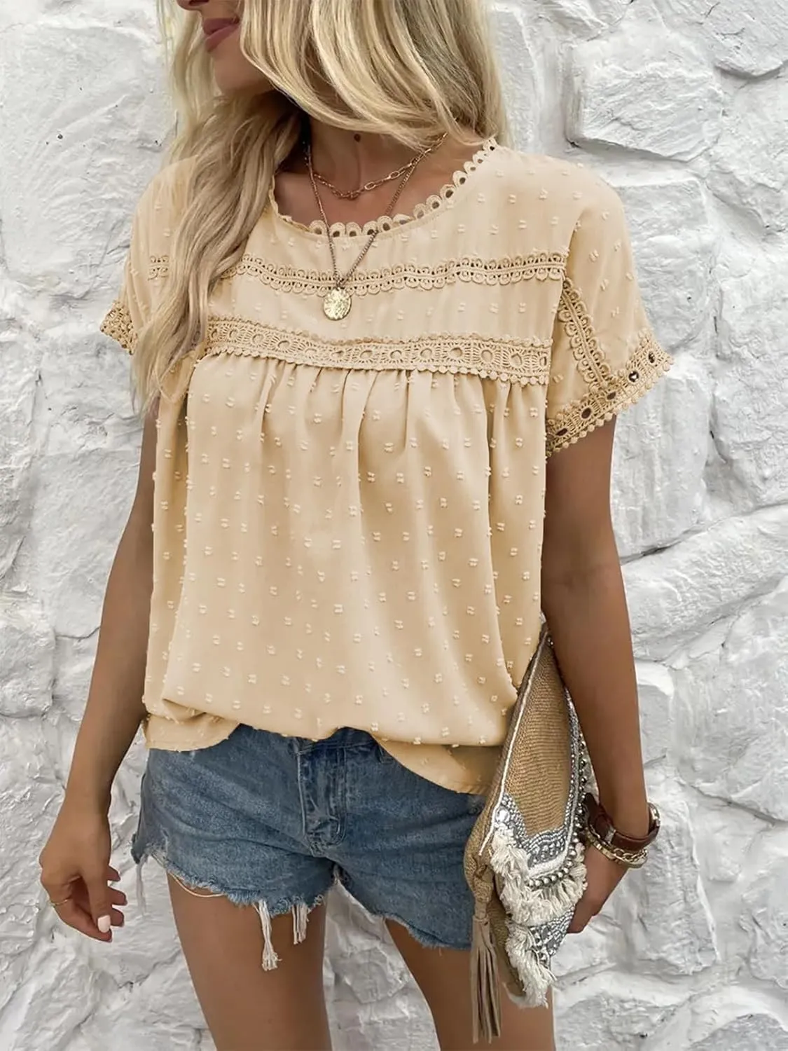 Poetsky Womens Summer Short Sleeve Lace Crochet Blouses Flowy Babydoll Dressy Casual Work Tops