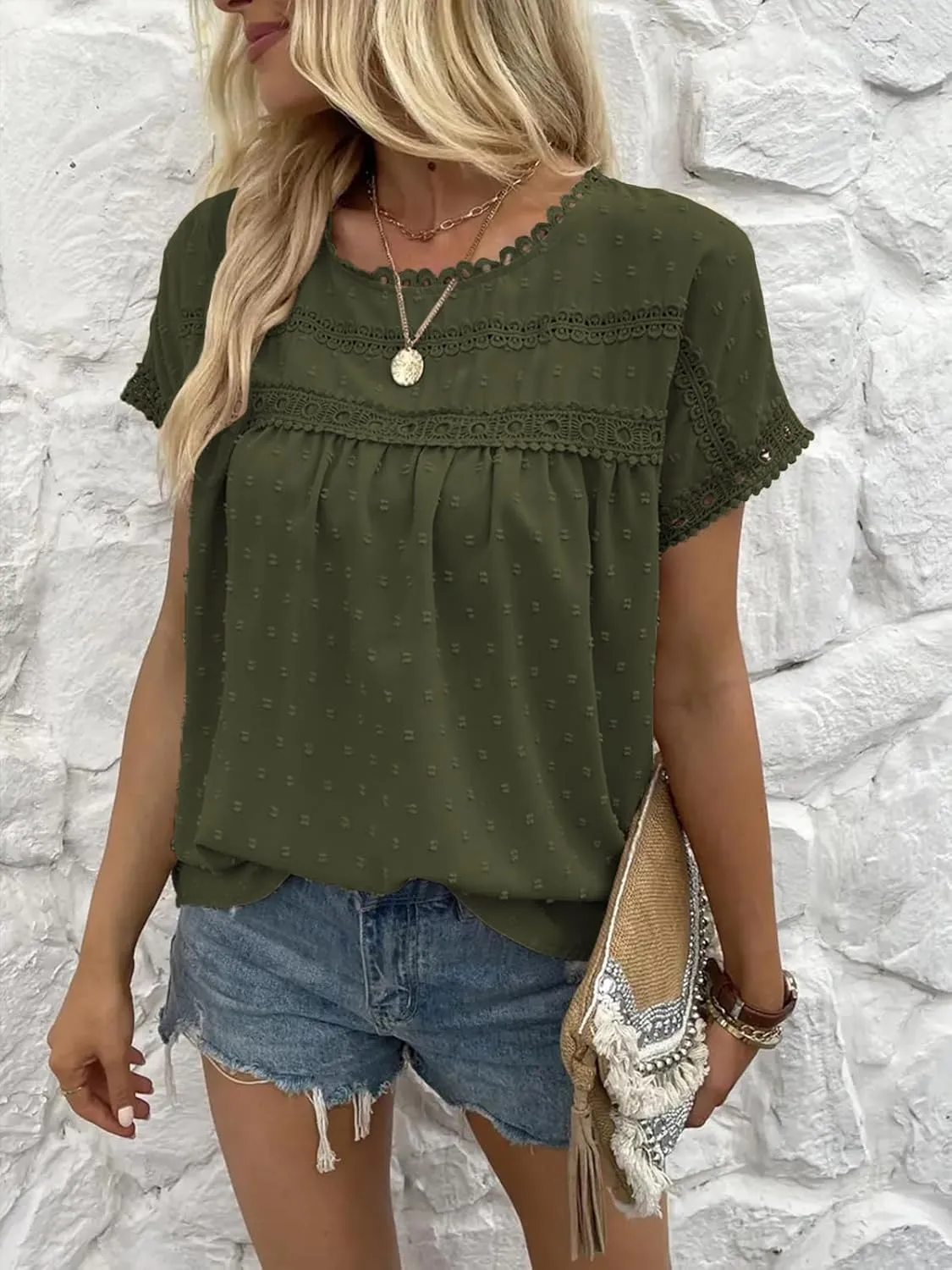 Poetsky Womens Summer Short Sleeve Lace Crochet Blouses Flowy Babydoll Dressy Casual Work Tops