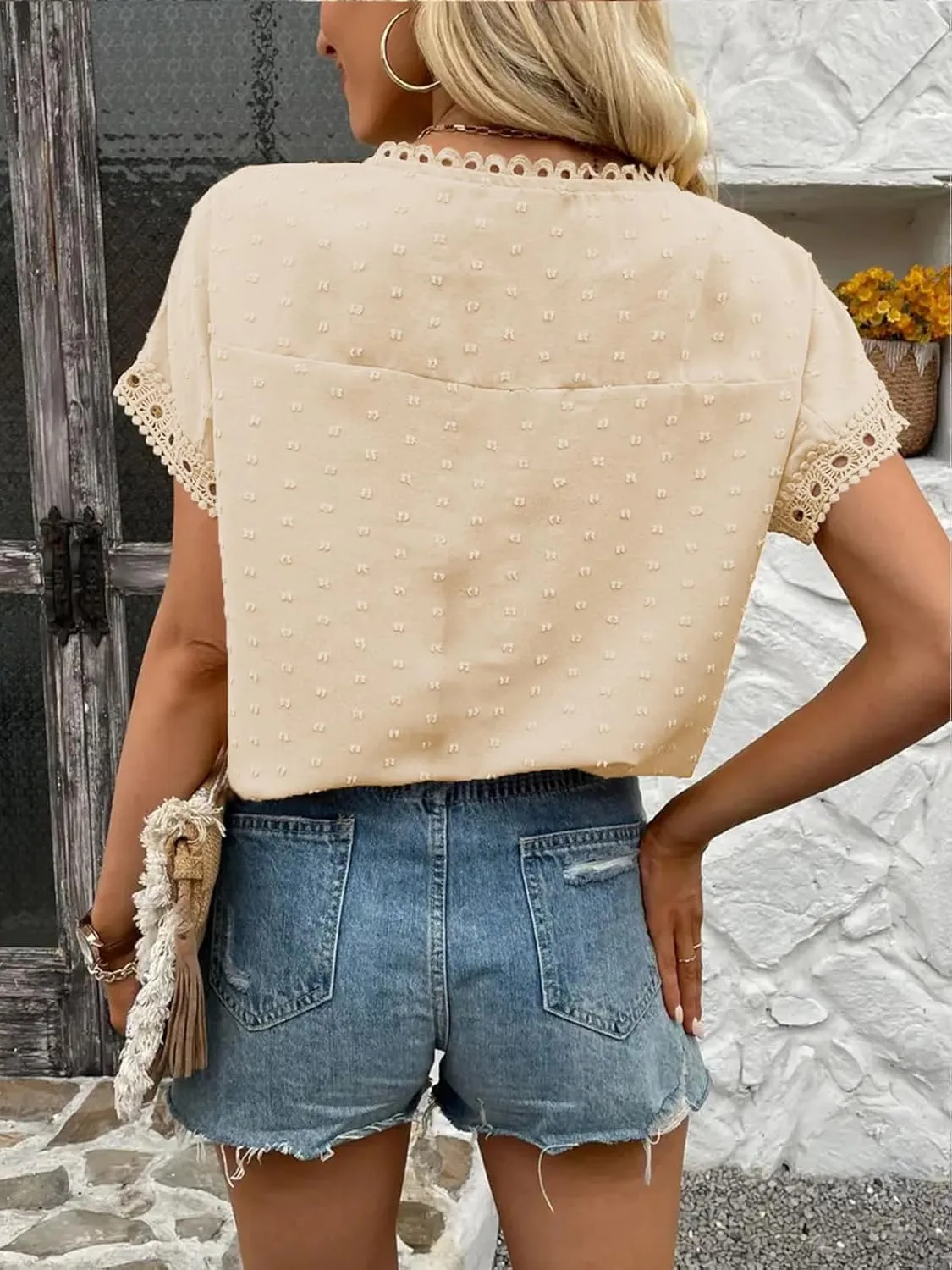 Poetsky Womens Summer Short Sleeve Lace Crochet Blouses Flowy Babydoll Dressy Casual Work Tops
