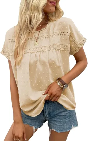Poetsky Womens Summer Short Sleeve Lace Crochet Blouses Flowy Babydoll Dressy Casual Work Tops