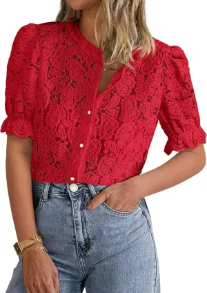 PRETTYGARDEN Womens 2025 Spring Lace Tops Short Puff Sleeve Casual Dressy Blouses Eyelet Crew Neck Button Down Shirts