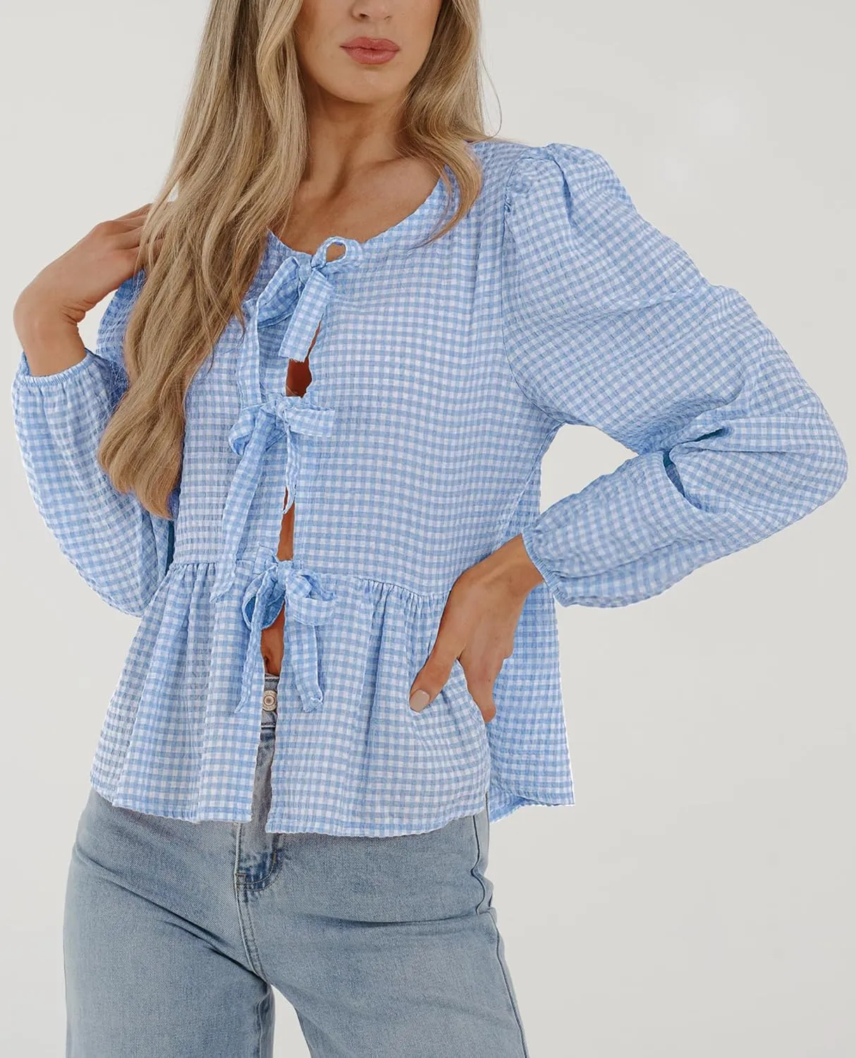 PRETTYGARDEN Women's Spring Fall Babydoll Peplum Blouse Shirt Puff Long Sleeve Bow Tie Front Trendy Cute Y2K Going Out Tops