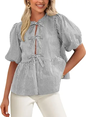 PRETTYGARDEN Women's Summer Tie Front Striped Shirt 2025 Trendy Cute Babydoll Tops Fashion Peplum Puffy Sleeve Blouse