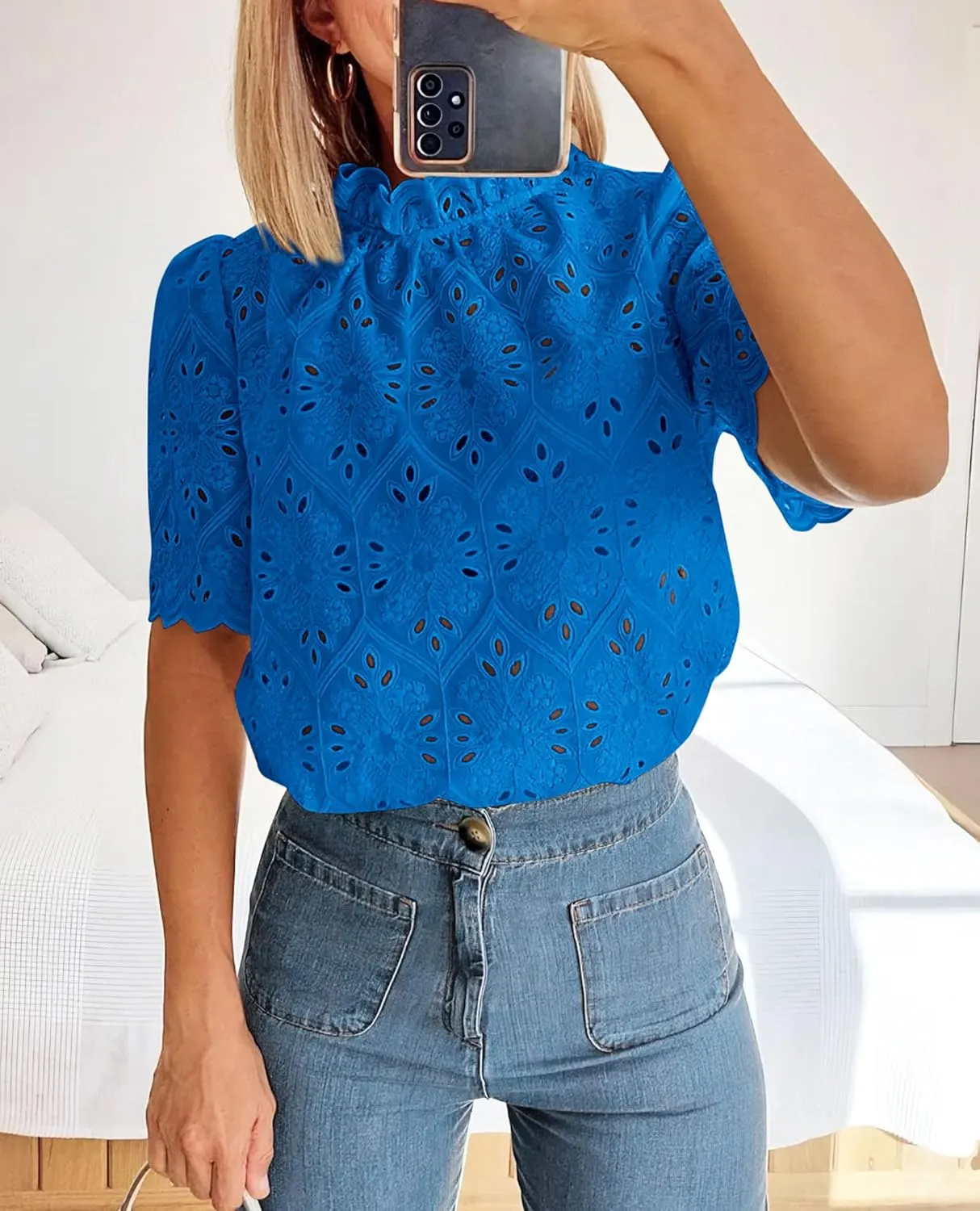 PRETTYGARDEN Womens Summer Tops 2025 Trendy Short Sleeve Eyelet Embroidered Dressy Casual Blouse Shirts