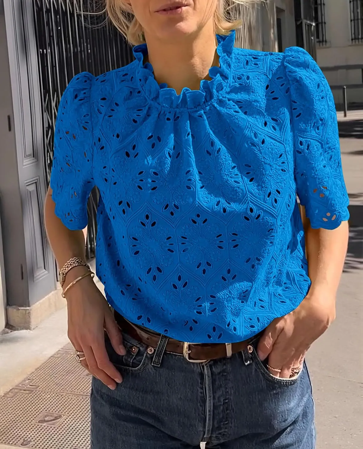 PRETTYGARDEN Womens Summer Tops 2025 Trendy Short Sleeve Eyelet Embroidered Dressy Casual Blouse Shirts