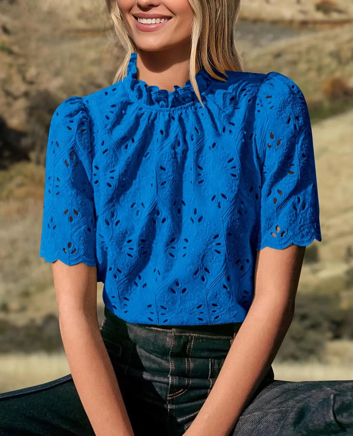 PRETTYGARDEN Womens Summer Tops 2025 Trendy Short Sleeve Eyelet Embroidered Dressy Casual Blouse Shirts