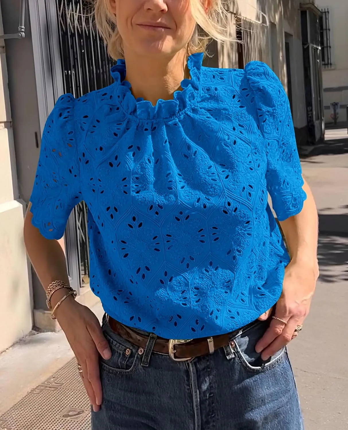 PRETTYGARDEN Womens Summer Tops 2025 Trendy Short Sleeve Eyelet Embroidered Dressy Casual Blouse Shirts