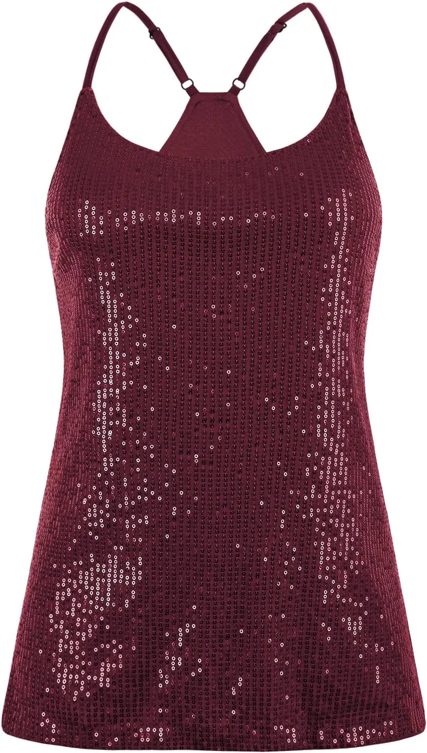 PrettyGuide Women's All Over Sequin Top Shimmer Strappy Camisole Sparkly Tank Tops Party Shirts