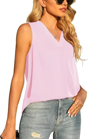 QUEZHU Women's Summer Sleeveless Chiffon Tank Tops Blouse Loose Casual V Neck Blouses Shirt