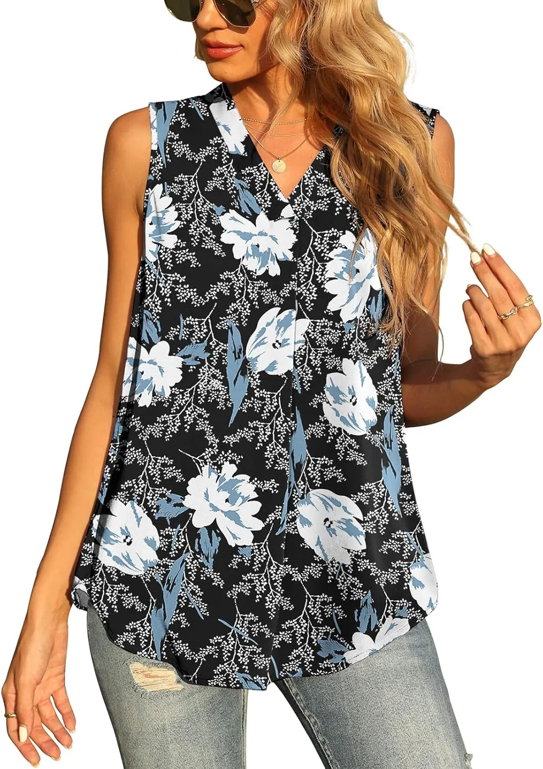 QUEZHU Women's Summer Sleeveless Chiffon Tank Tops Blouse Loose Casual V Neck Blouses Shirt