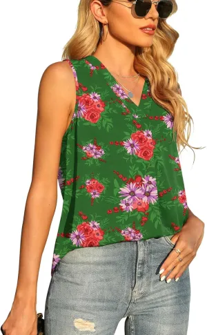 QUEZHU Women's Summer Sleeveless Chiffon Tank Tops Blouse Loose Casual V Neck Blouses Shirt