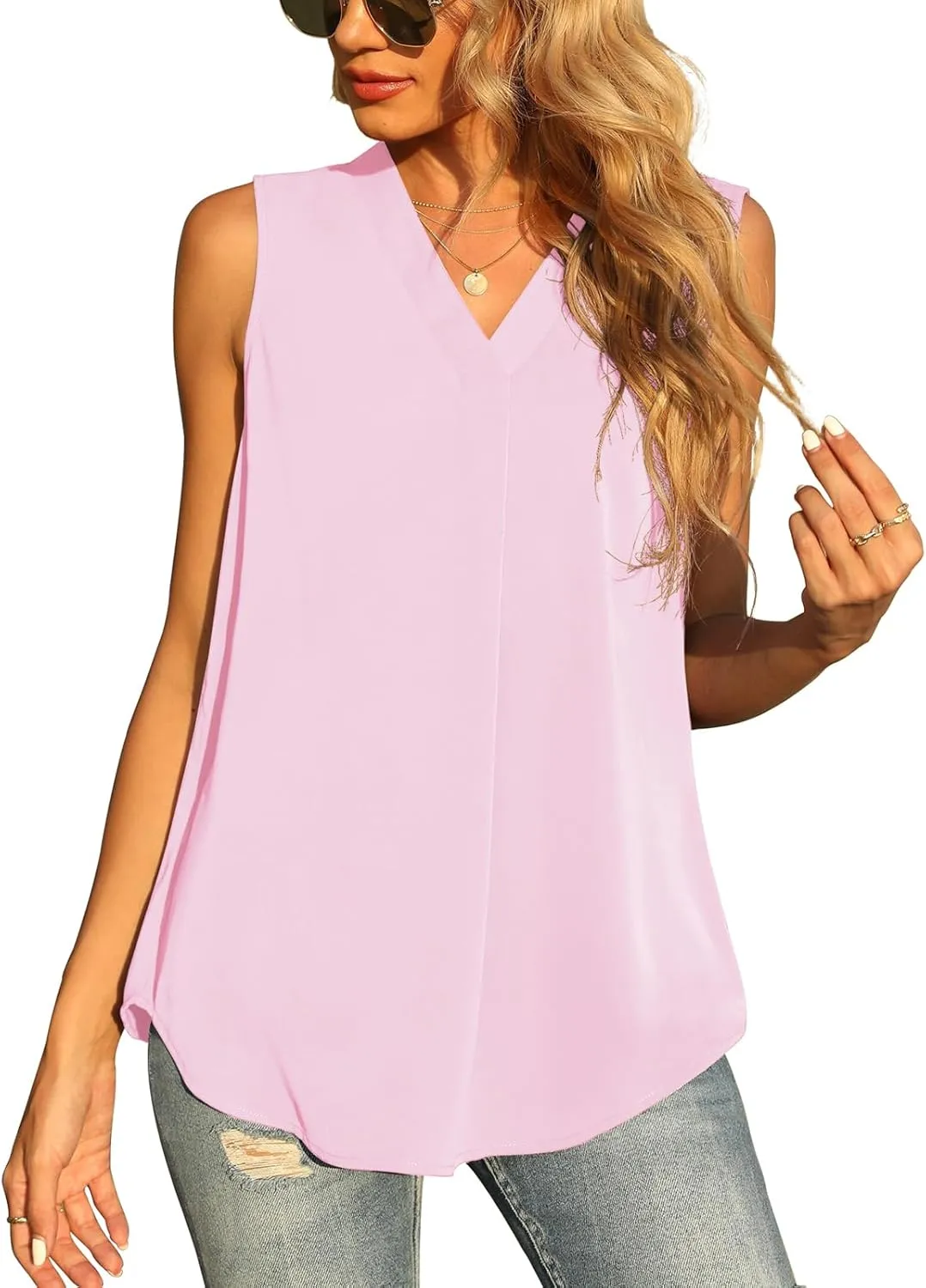 QUEZHU Women's Summer Sleeveless Chiffon Tank Tops Blouse Loose Casual V Neck Blouses Shirt