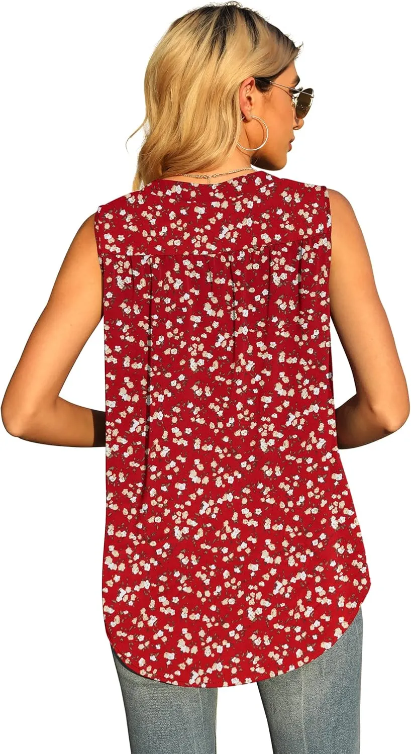 QUEZHU Women's Summer Sleeveless Chiffon Tank Tops Blouse Loose Casual V Neck Blouses Shirt