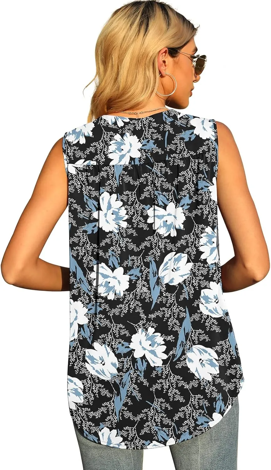 QUEZHU Women's Summer Sleeveless Chiffon Tank Tops Blouse Loose Casual V Neck Blouses Shirt