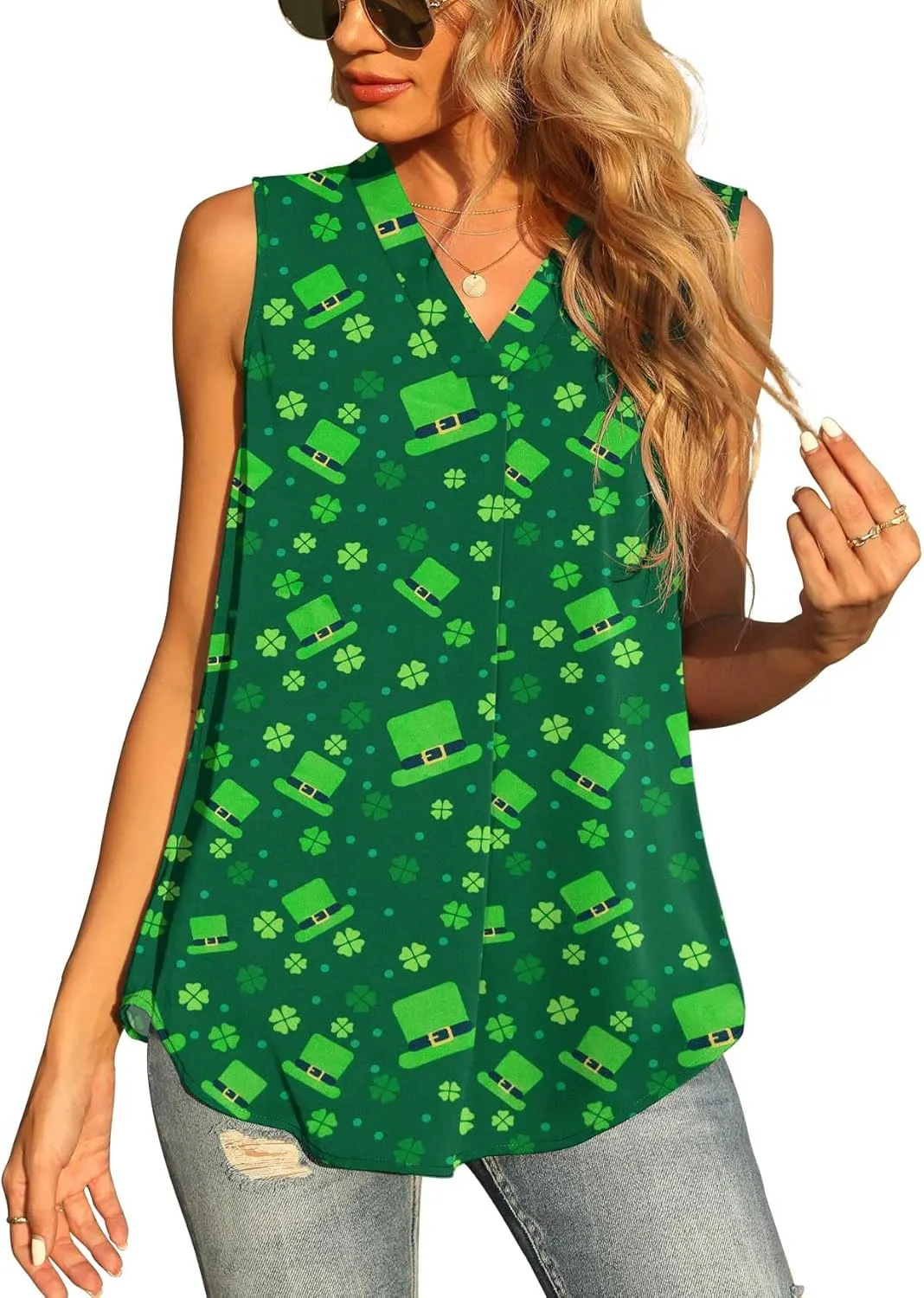 QUEZHU Women's Summer Sleeveless Chiffon Tank Tops Blouse Loose Casual V Neck Blouses Shirt