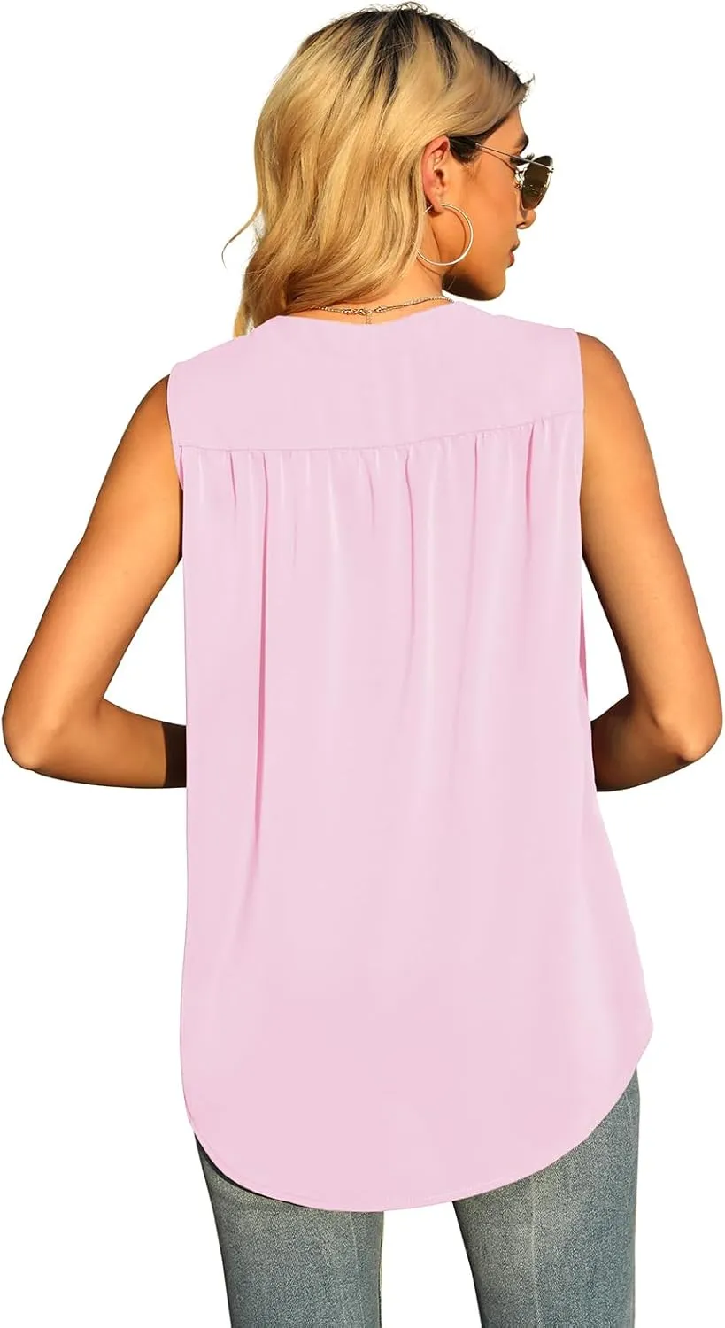 QUEZHU Women's Summer Sleeveless Chiffon Tank Tops Blouse Loose Casual V Neck Blouses Shirt