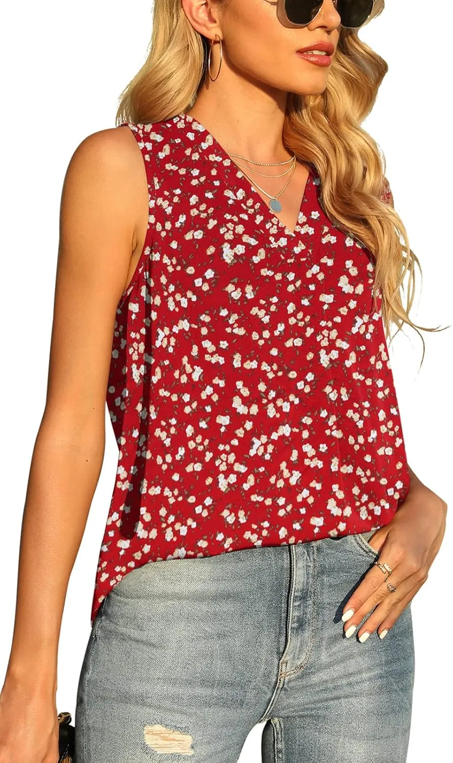 QUEZHU Women's Summer Sleeveless Chiffon Tank Tops Blouse Loose Casual V Neck Blouses Shirt