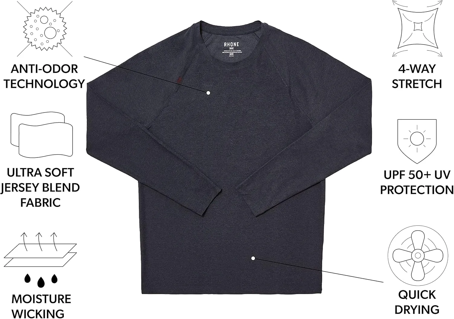 Rhone Reign Mens Long Sleeve Workout Shirts, Anti-Odor, Quick Dry Mens Gym Shirts, UPF 50 
