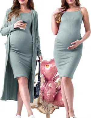 Rnxrbb 2 Piece Fall Adjustable Maternity Dress Cardigan Bodycon Long Sleeve Maternity Dresses Baby Shower Wedding Guest