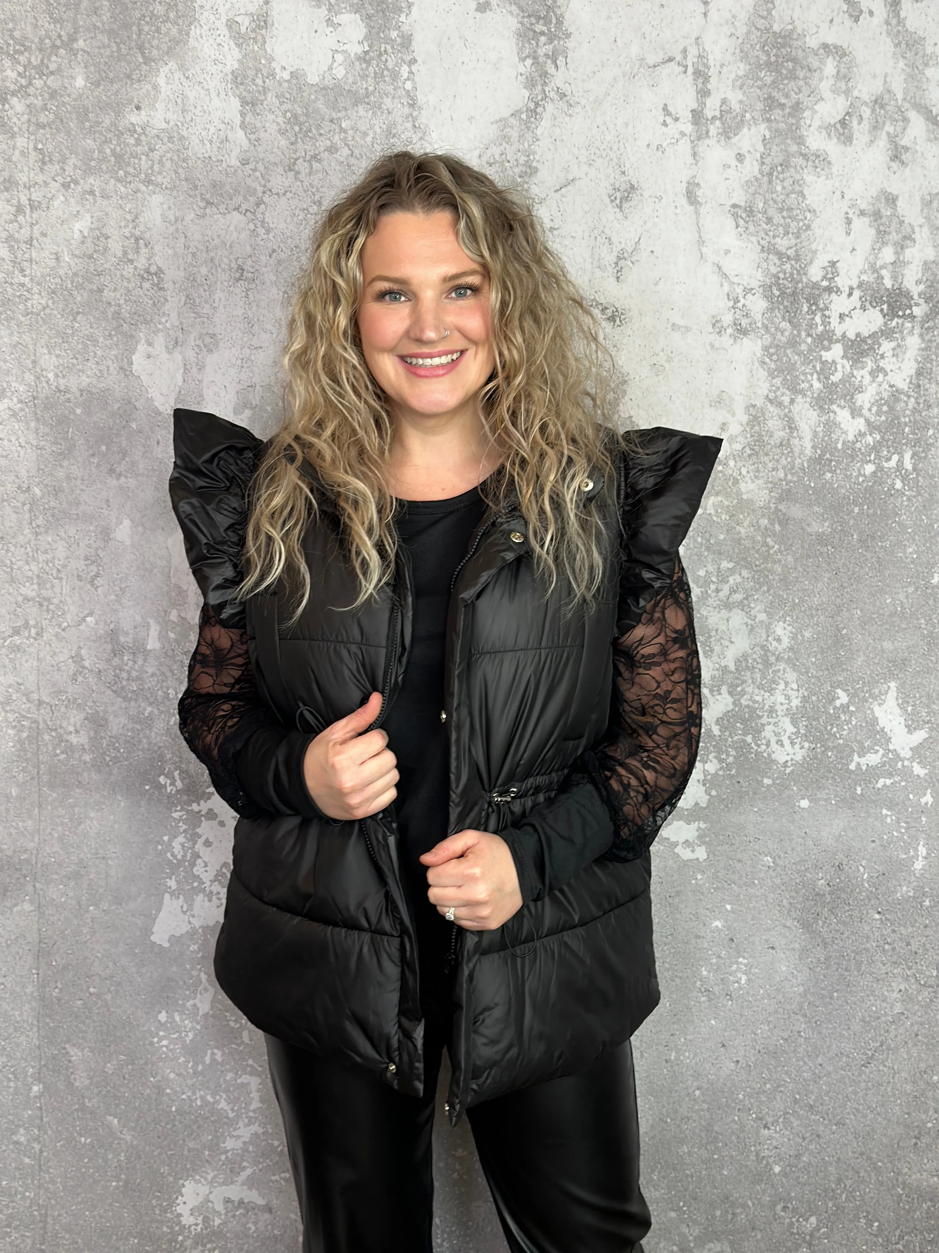 Ruffle Sleeve Waist Cinch Puffer Vest (Small - 3X) - FINAL SALE