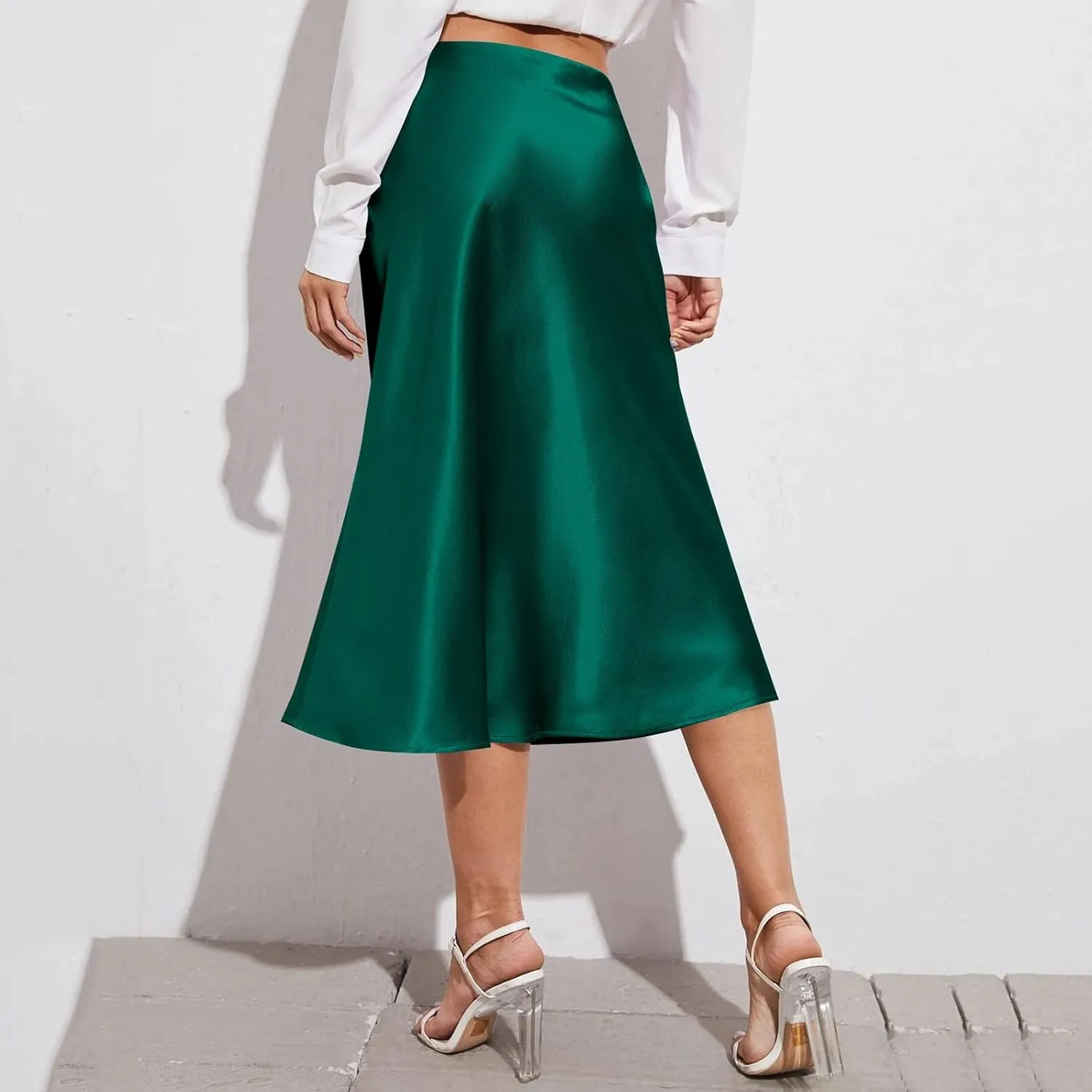 Rvidbe Women's Elastic High Waisted Midi Skirts Summer Dressy Casual Work Office Flowy A-Line Flared Stain Long Skirts