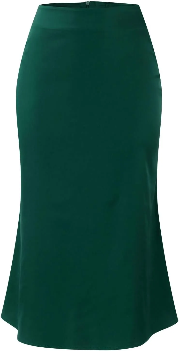 Rvidbe Women's Elastic High Waisted Midi Skirts Summer Dressy Casual Work Office Flowy A-Line Flared Stain Long Skirts