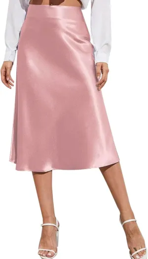 Rvidbe Women's Elastic High Waisted Midi Skirts Summer Dressy Casual Work Office Flowy A-Line Flared Stain Long Skirts