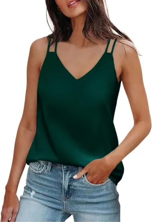 Satin Tank Tops for Women Loose Fit Sleeveless V Neck Summer Cami Camisole Blouses Shirt