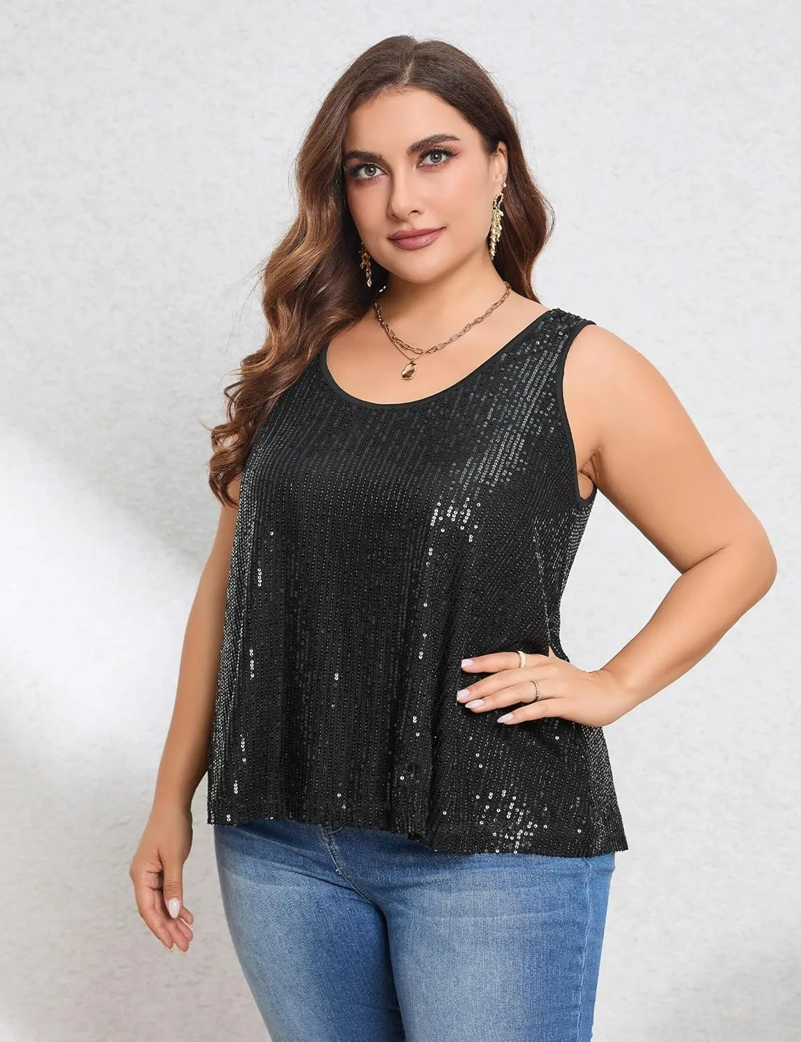 Sequin Tops Plus Size Glitter Tank Top Sleeveless Sparkle Shimmer Shirt Tops Camisole Vest