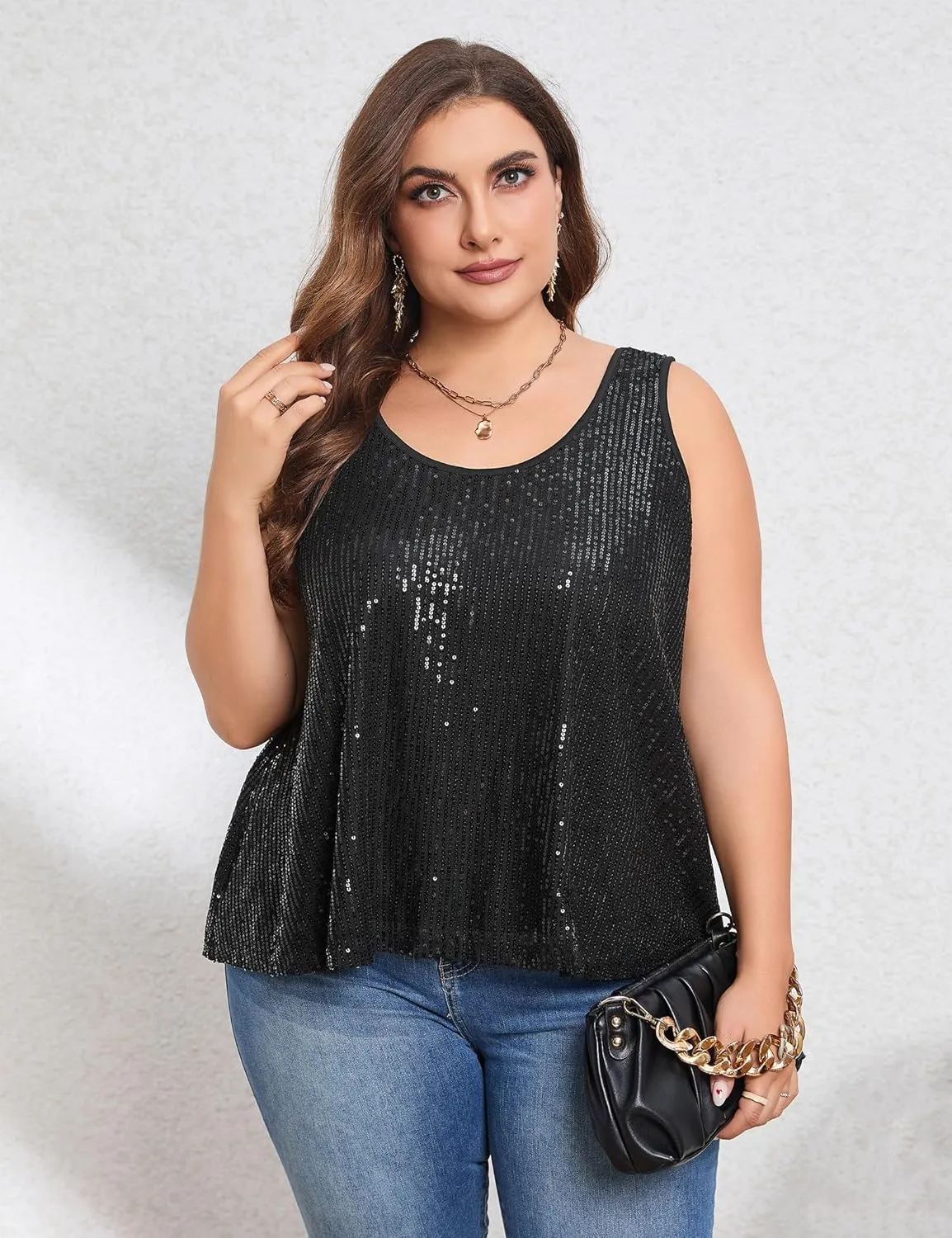 Sequin Tops Plus Size Glitter Tank Top Sleeveless Sparkle Shimmer Shirt Tops Camisole Vest