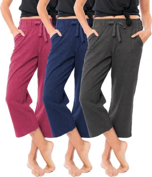 Sexy Basics Women's 3 Pack Drawstring Pants | French Terry Cotton Capri Bottoms