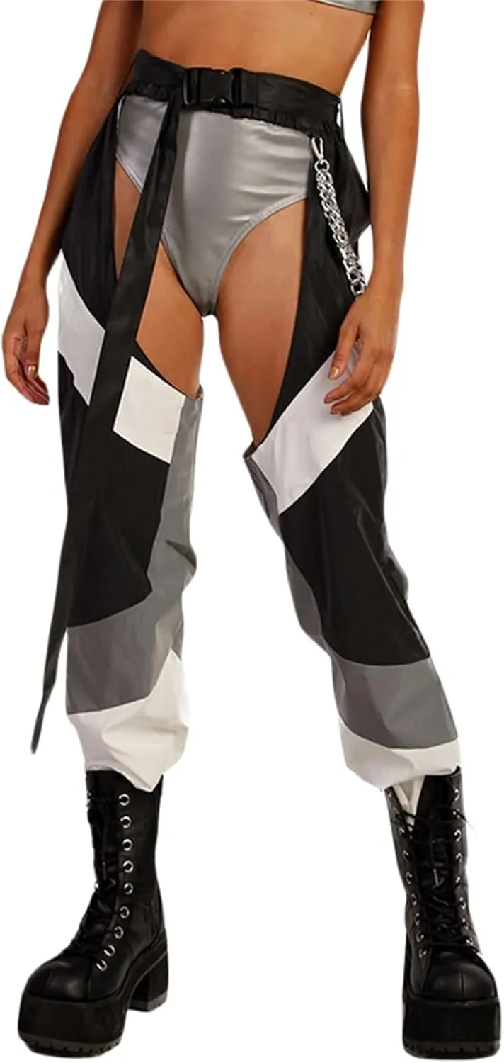 Sexy Buckle Bottomless Pants Women Hollow Out High Waist Rave Chaps Hiphop Rock Crotch Pants Belted Cargo Trousers