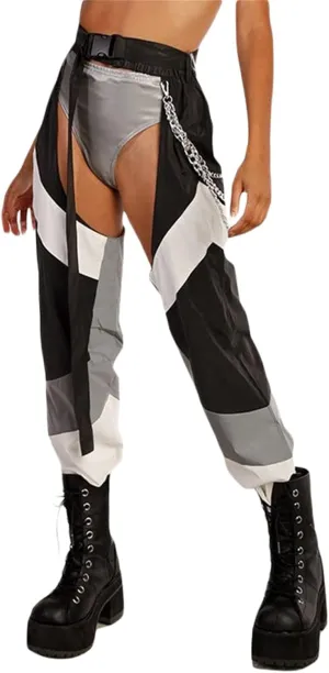 Sexy Buckle Bottomless Pants Women Hollow Out High Waist Rave Chaps Hiphop Rock Crotch Pants Belted Cargo Trousers
