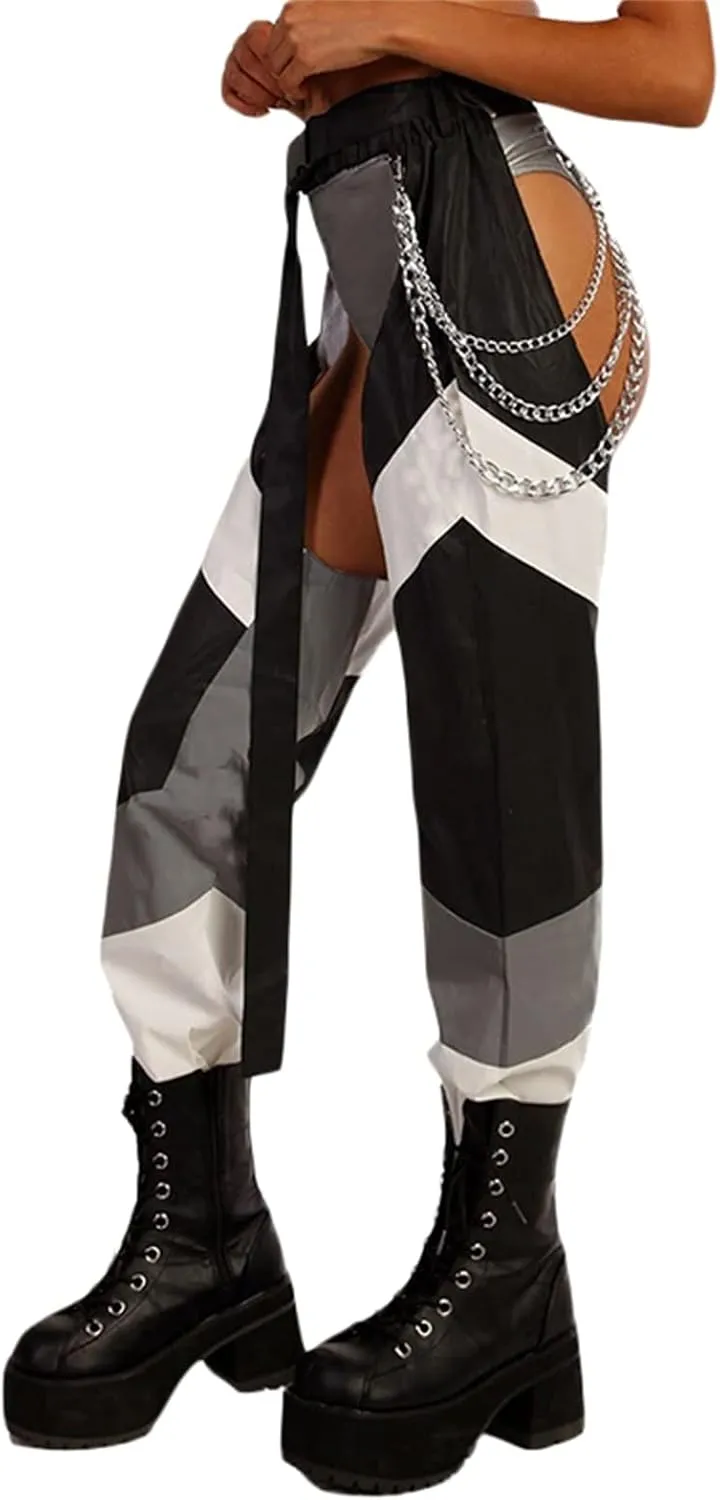 Sexy Buckle Bottomless Pants Women Hollow Out High Waist Rave Chaps Hiphop Rock Crotch Pants Belted Cargo Trousers