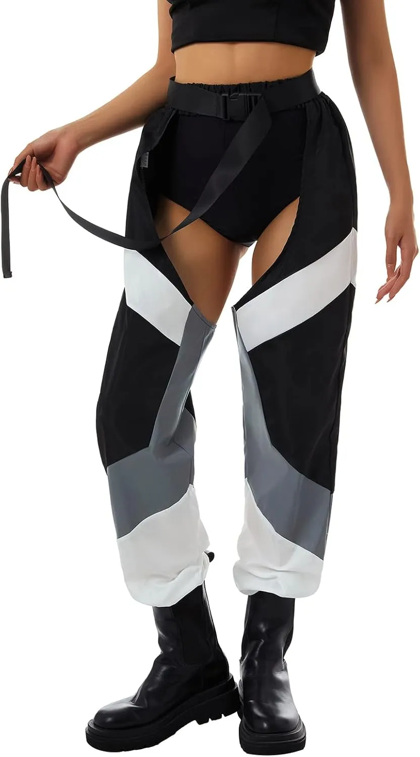 Sexy Buckle Bottomless Pants Women Hollow Out High Waist Rave Chaps Hiphop Rock Crotch Pants Belted Cargo Trousers